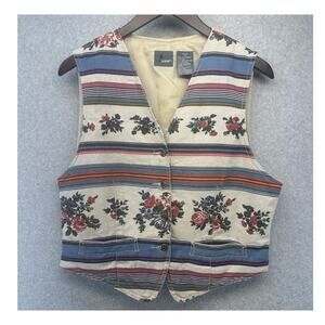 Lizwear Petite Womens Vest Linen Lined Floral Stripe Print Pockets Size Medium